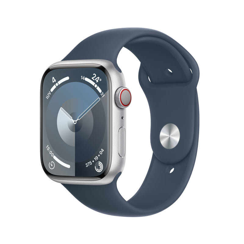 Apple Watch Series 9 GPS + Cellular 45MM Silver Aluminium Case With Storm Blue Sport Band - S/M