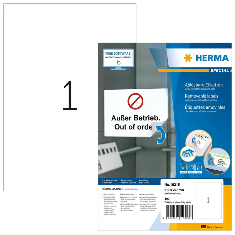 Herma Labels A4 White 210X297 Mm Removable Paper 100 Pieces