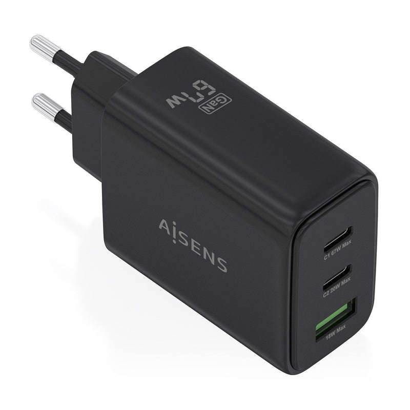 Aisens Charger GaN 67W, 2x USB-C PD 3.0 QC4.0, 1x USB-A QC3.0, Black