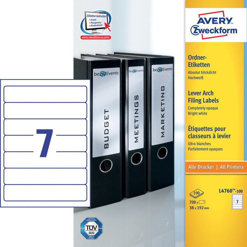 Avery Zweckform Labels Ring Binder 38,0 X 192,0MM White