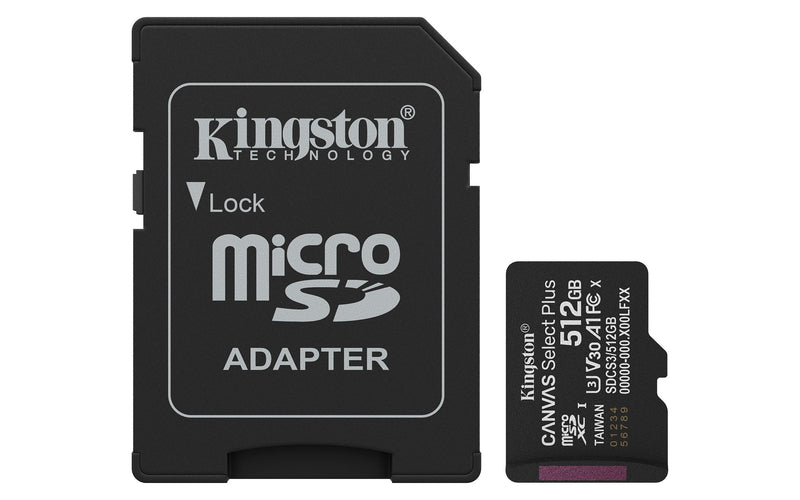 Kingston microSD 512GB Microsdxc Canvas Select Plus GEN3 150MB/S A1 Includes Adapter Sd)