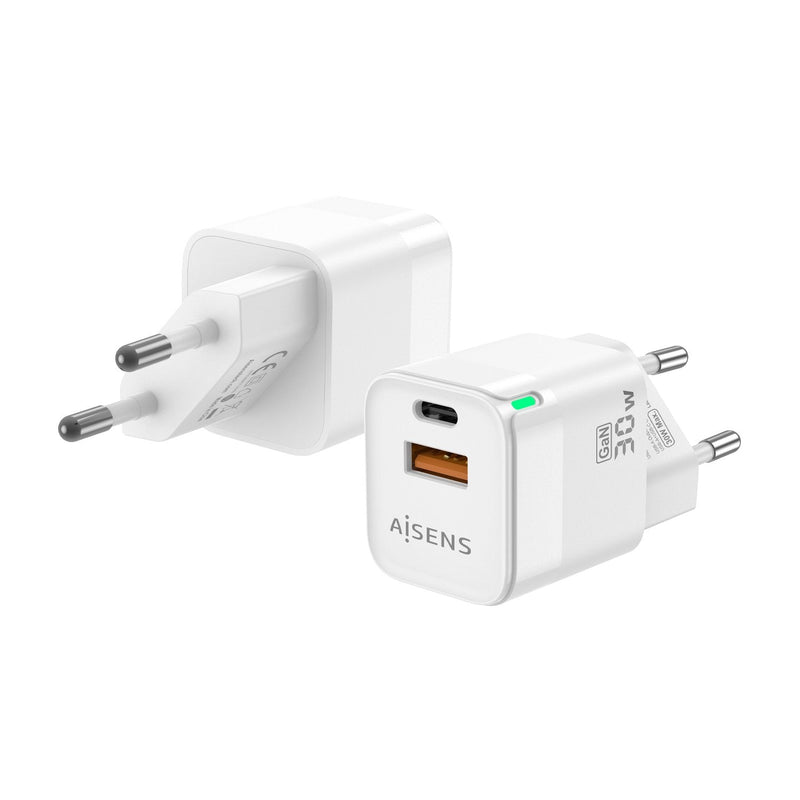 Aisens Charger GaN 30W - 1x USB-C PD 3.0 QC4.0 - 1x USB-A QC3.0 White