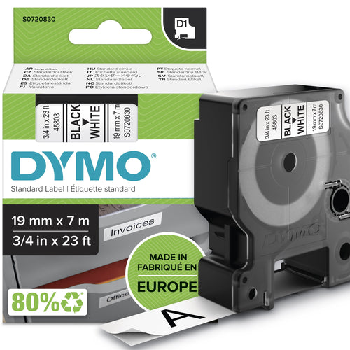 Dymo Tape Rotuladora Self-adhesive D1 19MM X 7 Metres Length Rotuladoras Label Manager, Black Sobre White — image 1