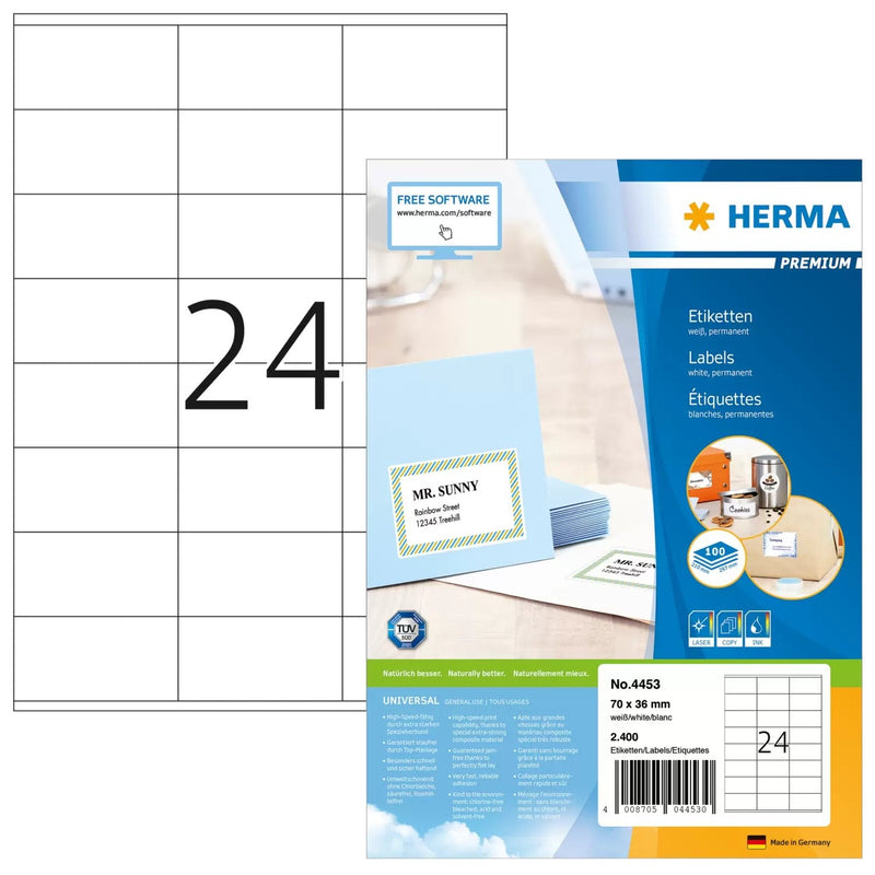 Herma Premium Labels 70X36 100 Sheets Din A4 2400 Pcs. 4453 Labels