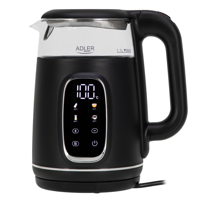 Adler Ad 1305 Electric Kettle, Glass With LED Display & Temperature Regulation, 1.7L, Black Silver