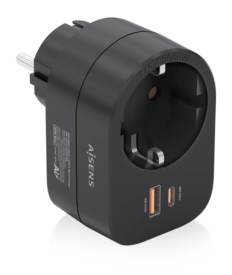 Aisens Power Strip Wall Multifuncion With 1 Socket + 1x USB-C 20W PD 3.0, 1x USB-A 20W QC3.0, Black