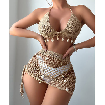 Shell-cutout Sexy Halter-neck Tie-front Beach Swimsuit Bikini Set