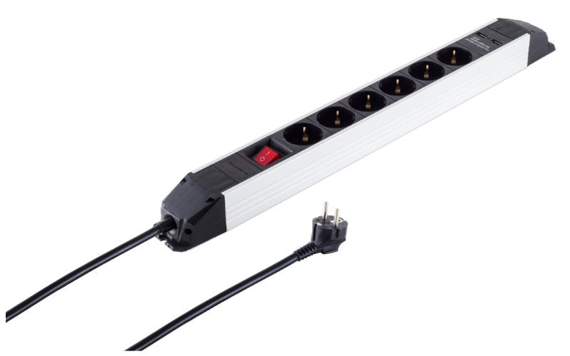 6ER Power Strip Plugs Alu 2x USB Black