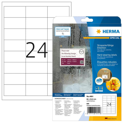 Herma Hardwearing Labels 66X33,8 25 Sheets Din A4 600 Pcs. 4691 Labels — image 1