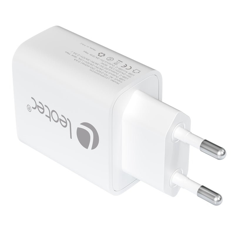 Leotec Charger Wall/Travel USB-C/Pd + USB-A 30W White Charger 30W GaN Charging Fast 1 USB-C Pd + 1 USB-A White