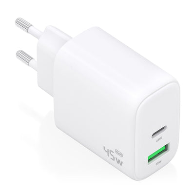 Aisens Charger GaN 45W, 1x USB-C PD 3.0 QC4.0, 1x USB-A QC3.0, White — image 1