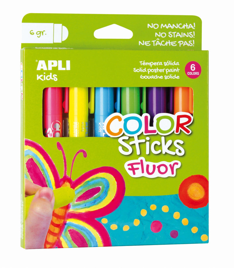 Apli Colour Sticks Temperas Solidas Fluorescentes - Pack 6 Units 6G - Finish Satinado Without Necesidad Barniz