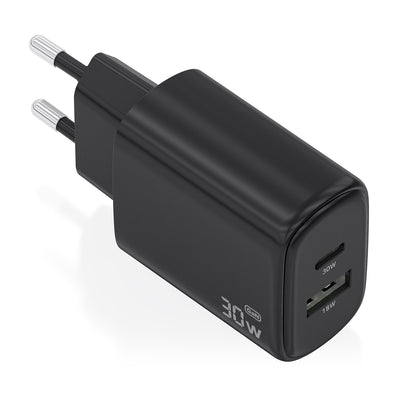 Aisens Charger GaN 30W, 1x USB-C PD 3.0 QC4.0, 1x USB-A QC3.0, Black — image 1