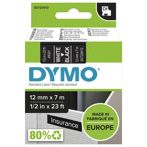 Dymo Tape Rotuladora Self-adhesive D1 12MM X 7 Metres Length Rotuladoras Label Manager, White Sobre Black — image 1