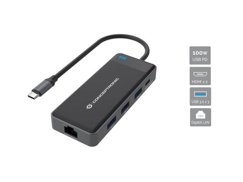 Conceptronic Adapter USB-C 7IN1 HDMIX2 USB-C Pd 100W USB-A RJ45 Gigabit DONN14G
