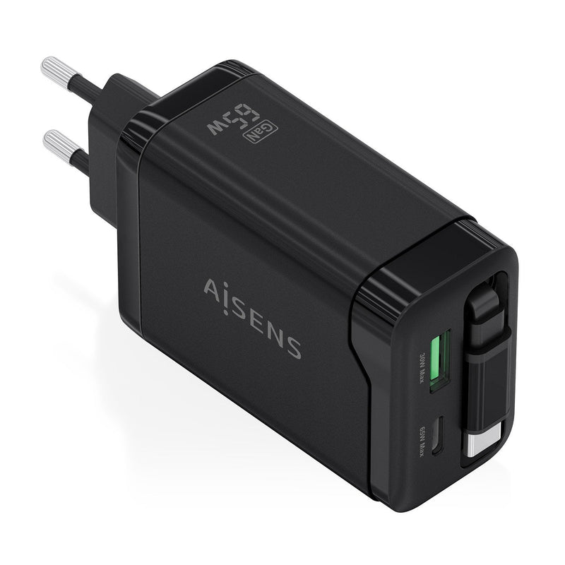 Aisens Charger GaN 65W, 1x USB-C Cable Retractable 1x USB-C PD 3.0, 1x USB-A QC3.0, Black