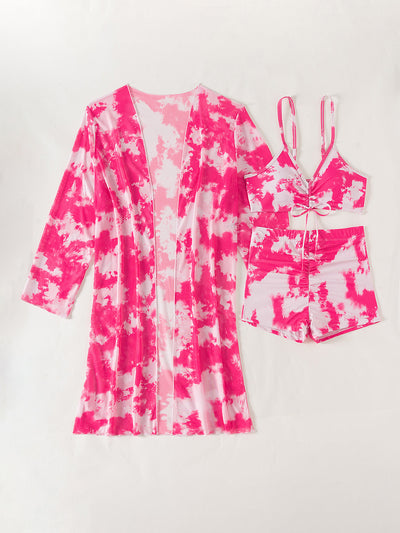 Printed Full-Coverage Long-Sleeve Bikini Three-Piece Set