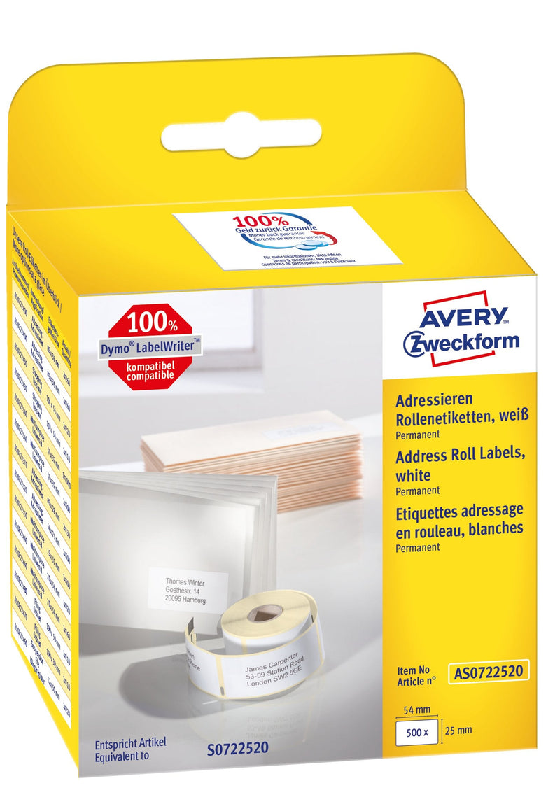 Avery Zweckform Roll Labels Printer Labels AS0722520 White 54,0 X 25,0MM, 1 X 500 Labels