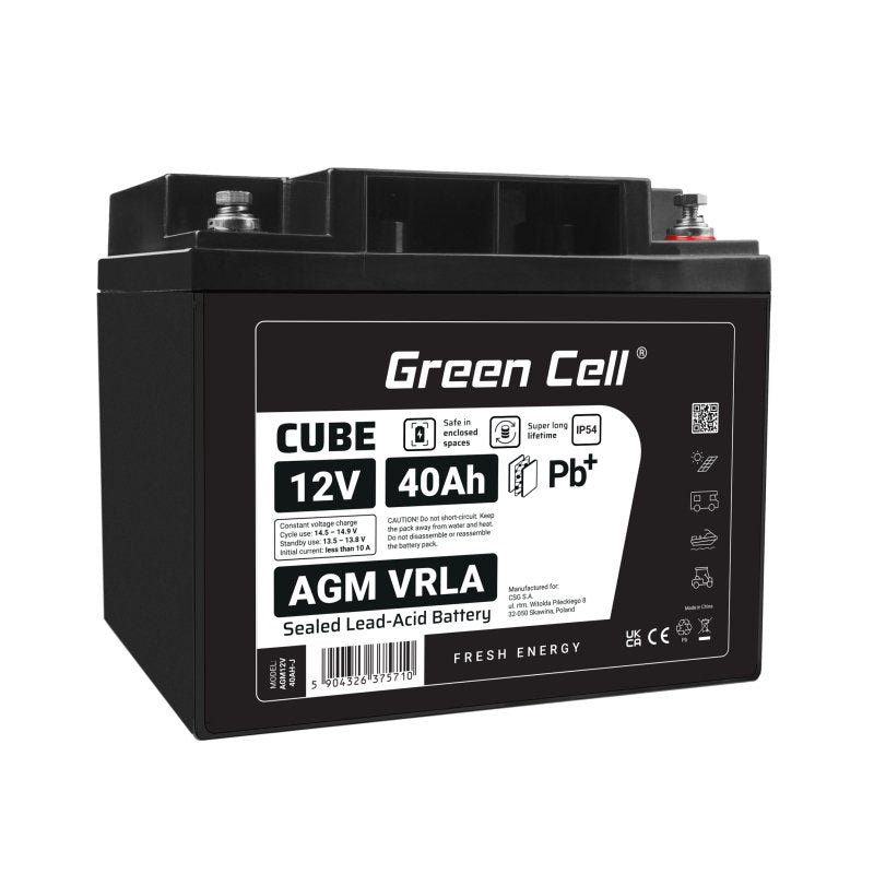 Green Cell Battery Mantenimiento Libre Cube Agm Vrla IP54 12V 40AH Cortacéspedes, Scooters, Barcos And Chairs