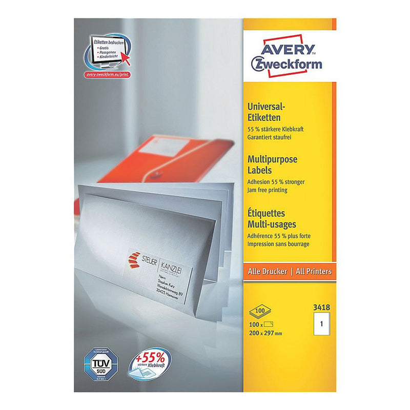 Avery Zweckform Labels 3418 White 200,0 X 297,0MM
