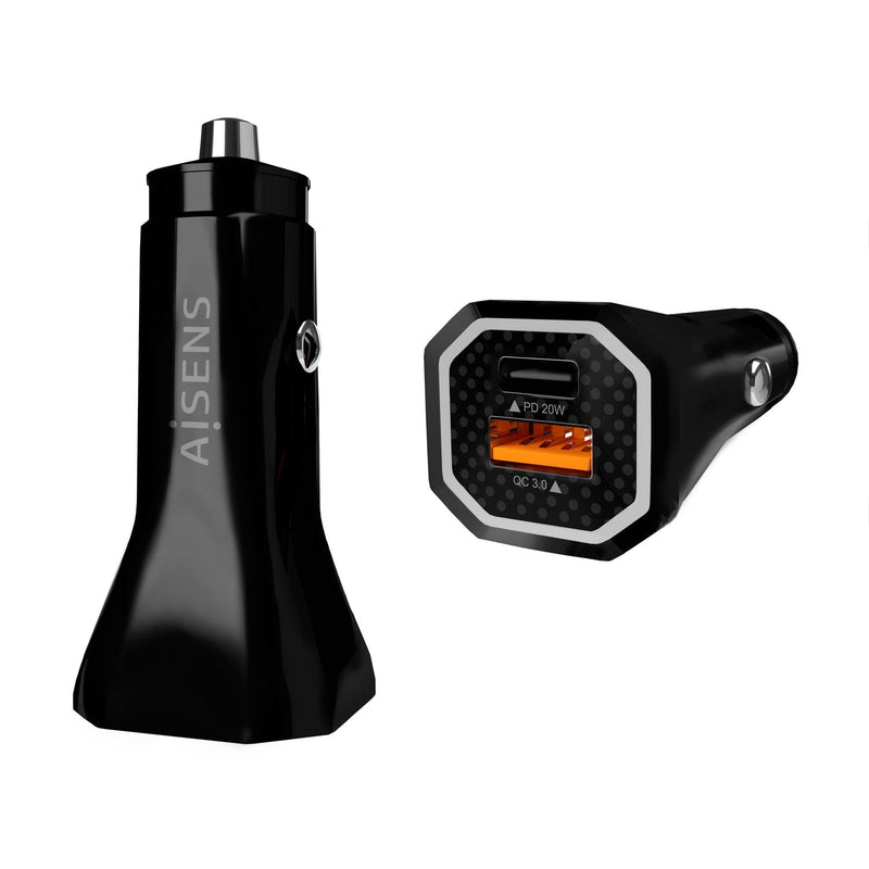 Aisens Car Charger 38W,1x USB-C PD 3.0 20W,1x USB-A QC3.0 18W - Black