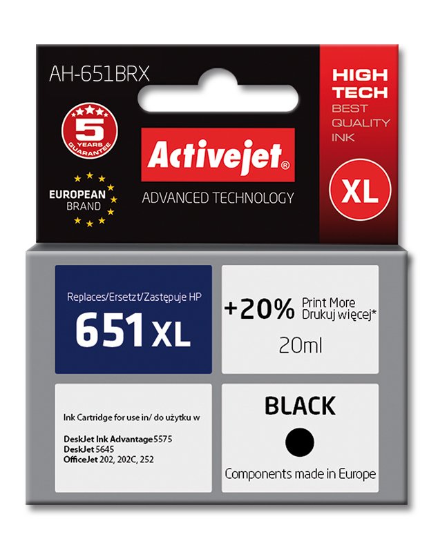 Activejet Ink Ah-651BRX (reemplazo HP 651 C2P10AE - Premium - 20ML - Black