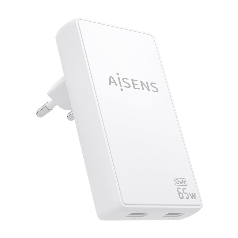 Aisens Wall Charger GaN Ultra Slim 65W, 2x USB-C PD 3.0 QC4.0, White