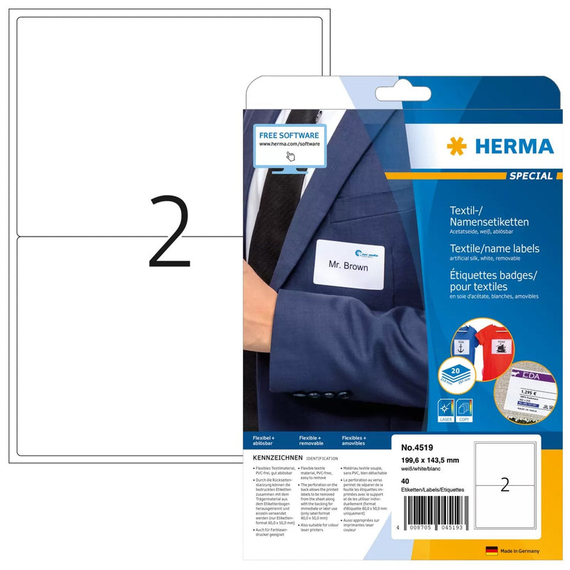 Herma Labels Textiles Nombre A4 199,6X143,5MM White 40UD.