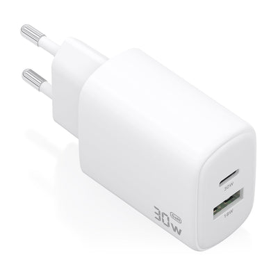 Aisens Charger GaN 30W, 1x USB-C PD 3.0 QC4.0, 1x USB-A QC3.0, White — image 1