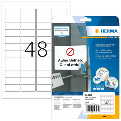 Herma Removable Labels 45,7X21,2 25 Sheets Din A4 1200 Pcs. 4346 Labels — image 1