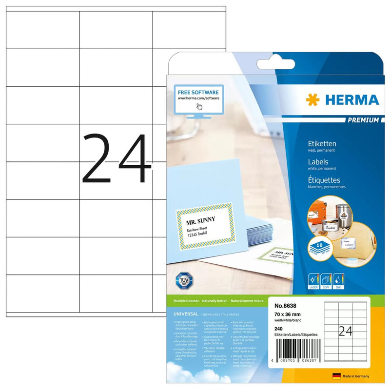 Herma Labels 70X36 White Matte 10 Sheets Din A4 240 Pcs. 8638 Labels