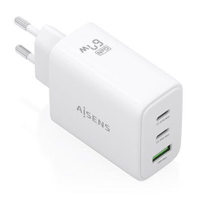 Aisens Charger GaN 67W, 2x USB-C PD 3.0 QC4.0, 1x USB-A QC3.0, White — image 1