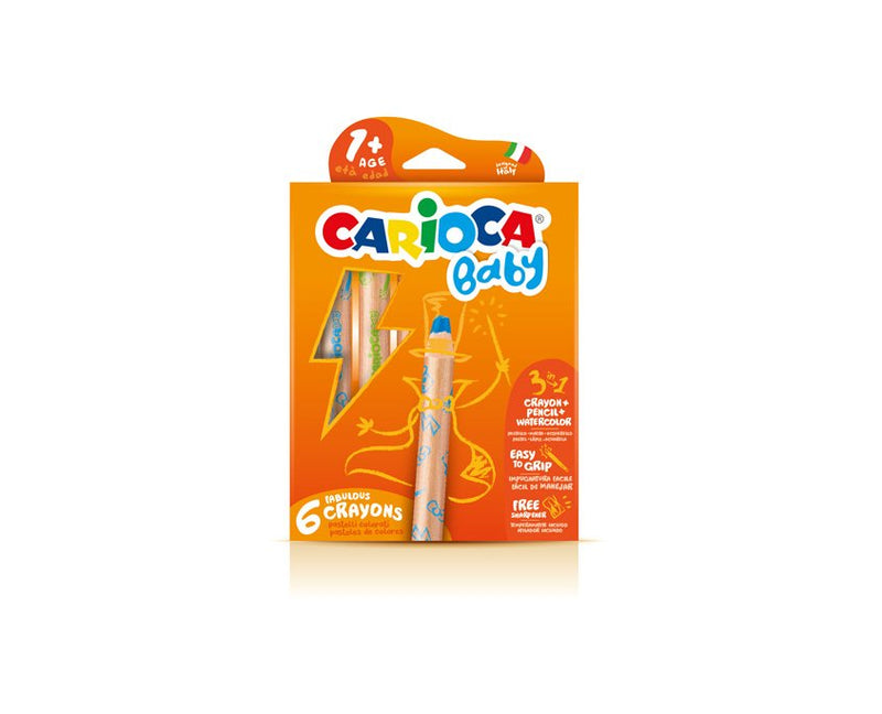 Carioca Baby 1 + 3IN1 Pack 6 Pencils - Pencil Cera And Acuarela Uno - Body Extragrande - Acuarelables - Sacapu