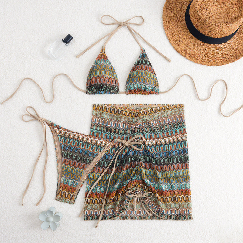 Embroidered Gradient Sexy Three-Piece Halter-Neck Strappy Swimsuit