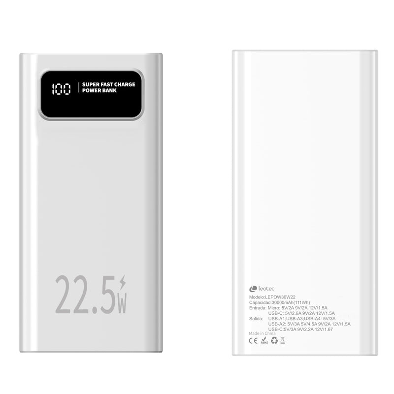 Leotec Powerbank 30000MAH 22,5W PD20W Blan (1 USB-C + 4USB-A Inc USB-A a Usb-c)