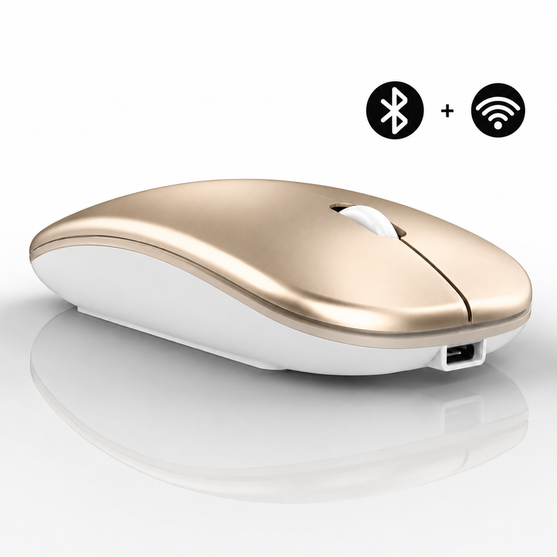 Mouse Wireless Rechargeable 2 1 Bluetooth + USB 2.4G 1600 DPI Ergonómico Oro