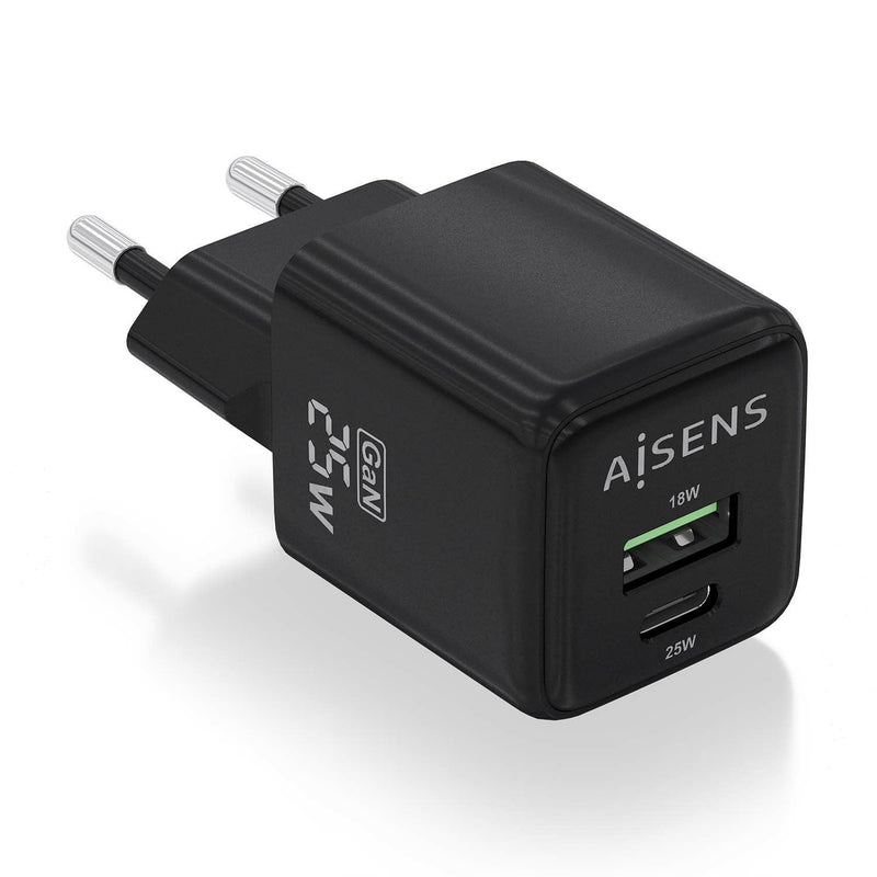 Aisens Charger GaN Wall 1x USB Type-c 1x USB 25W ASCH-25W2P015-BK