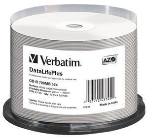 Verbatim 43745 Cd-r Verbatim 50PCS, 700MB, 52X, Spindle White Wide Printable Surface