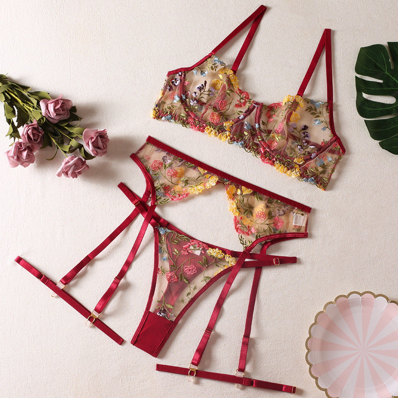 Womens Sexy Sheer Yellow Pastoral Floral Lingerie 4-Piece Set With Leg Rings