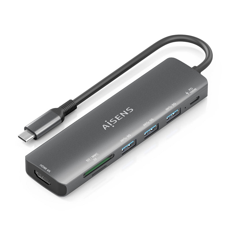 Aisens USB-C Dock 7 1, USB-C a 1x HDMI, 3x USB-A, 1x USB-C Pd 100W, 1XSD, 1XMICRO Sd, Grey 15CM