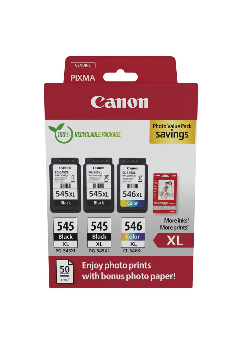 Canon PG-545XL/CL-546XL Multipack 3 Cartridges Ink Originales + 50 Hojas Paper Fotografico - 8286B015