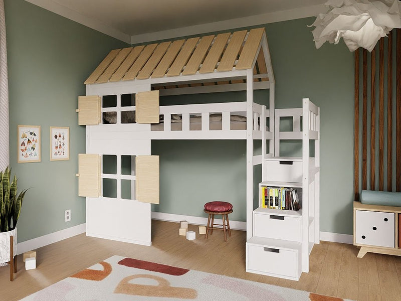 COTTAGE Raised House Bed with Full Roof and Storage Stairs – 90x200 cm