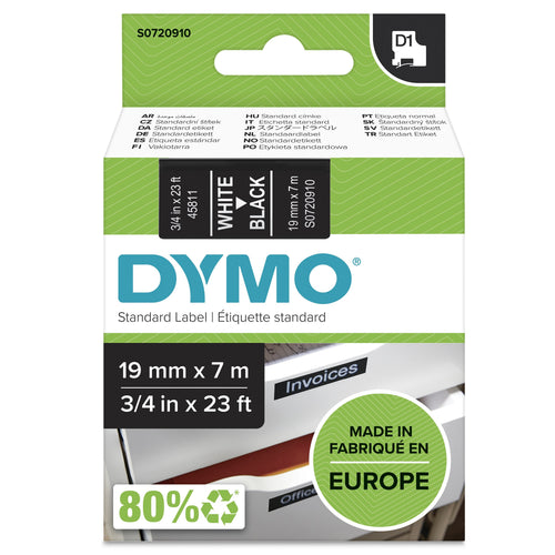 Dymo Tape Transferencia Thermal D1 45811. Labels Standard White Sobre Black 19MMX7M. Poliester Self-adhesive R — image 1