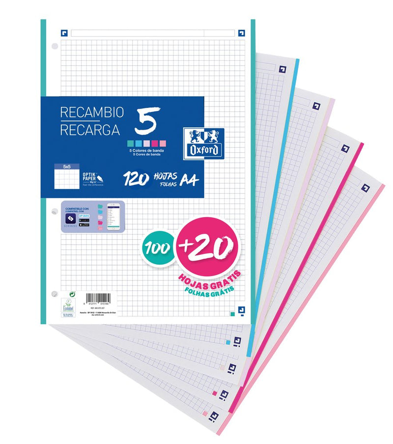 Oxford Spare Part 100 + 20 Hojas A4 Microperforadas 4 Cuadrícula 5X5MM 90GR 5 Bandas Colours Pastel
