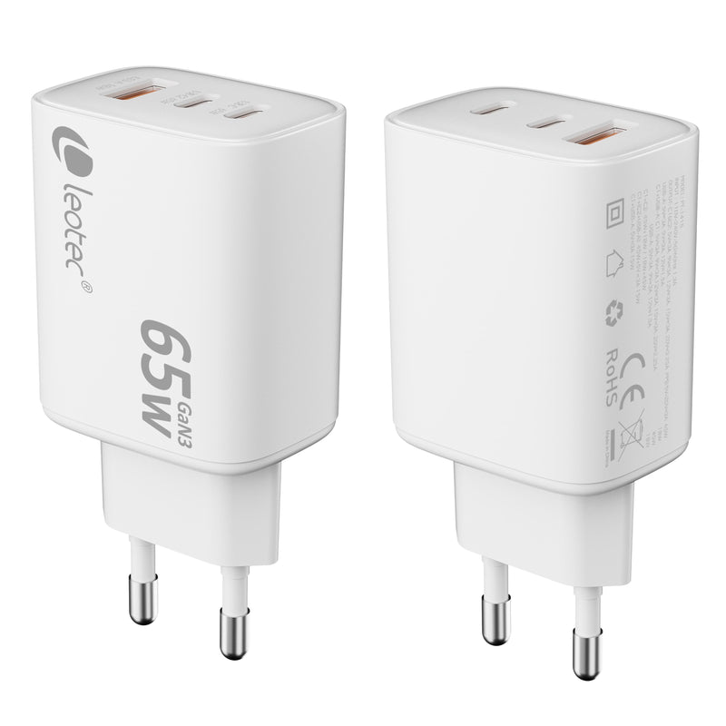 Leotec Charger Wall/Travel Ultra Slim 2x USB-C/Pd + USB-A 65W White Charger 65W GaN Charging Fast Ultra Slim 2