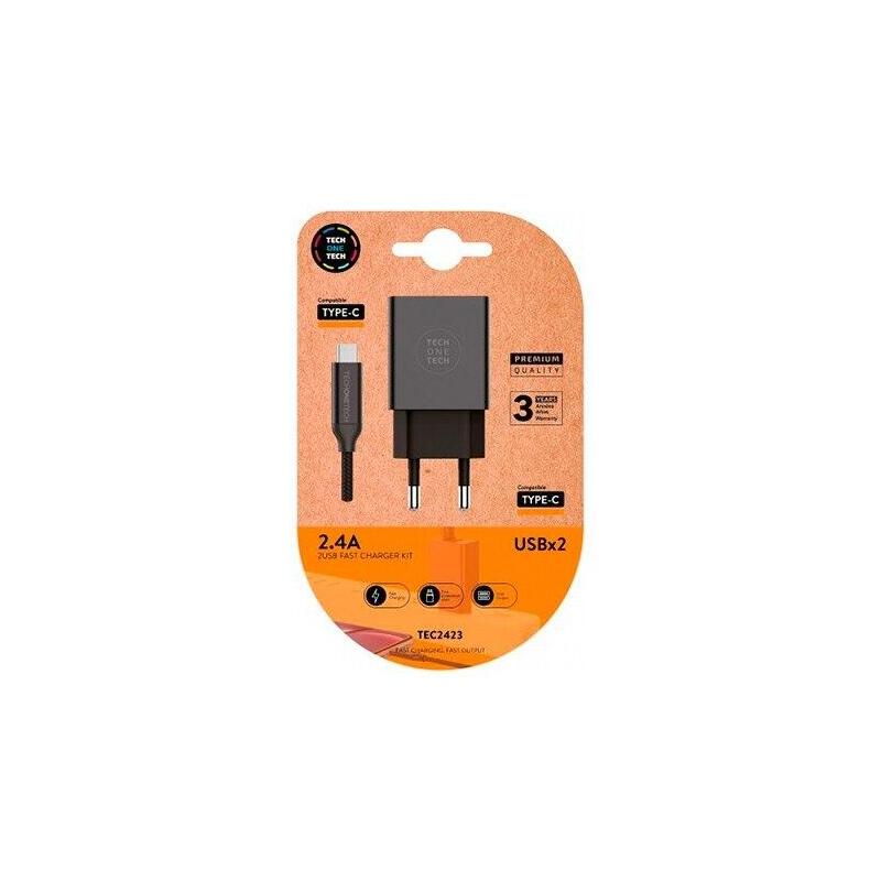 Tech One Tech Wall Charger TEC2423 2x USB + USB Cable Type-c 2.4A Black