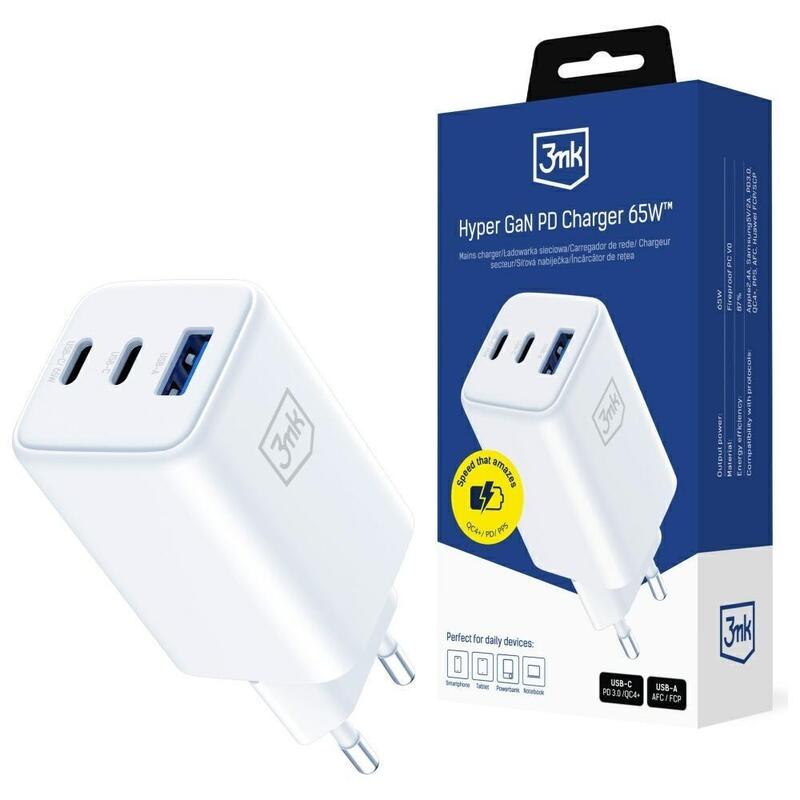 Charger Network Hyper GaN 65W 1x USB-A 2x USB-C Pd QC4 + White