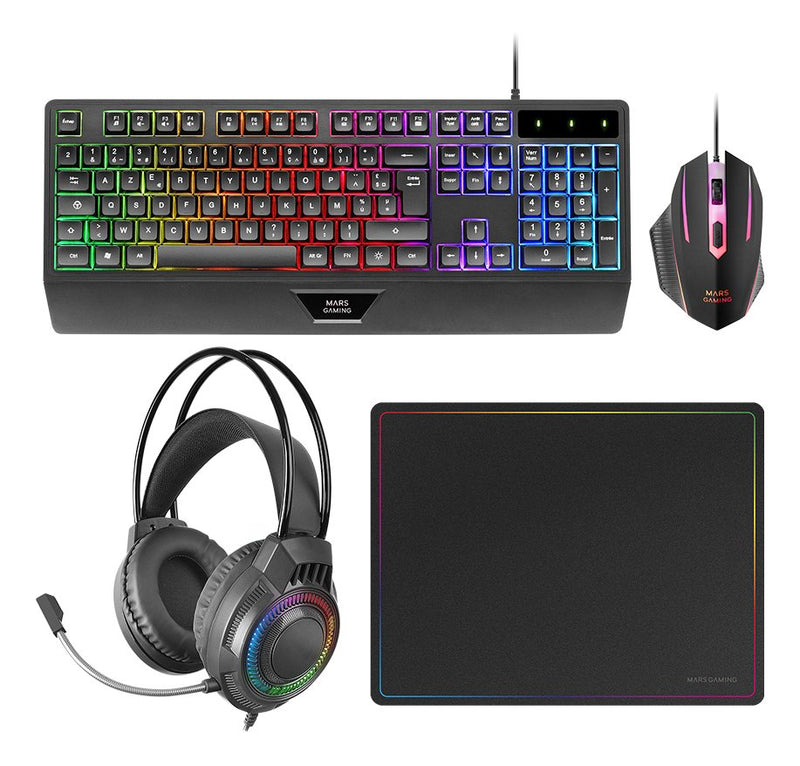 Mars Gaming MCP124PRO Combo Pack Gaming 4EN1 - Keyboard Hibrido H-mech - Disposicion Francesa Azerty Fr - Mous