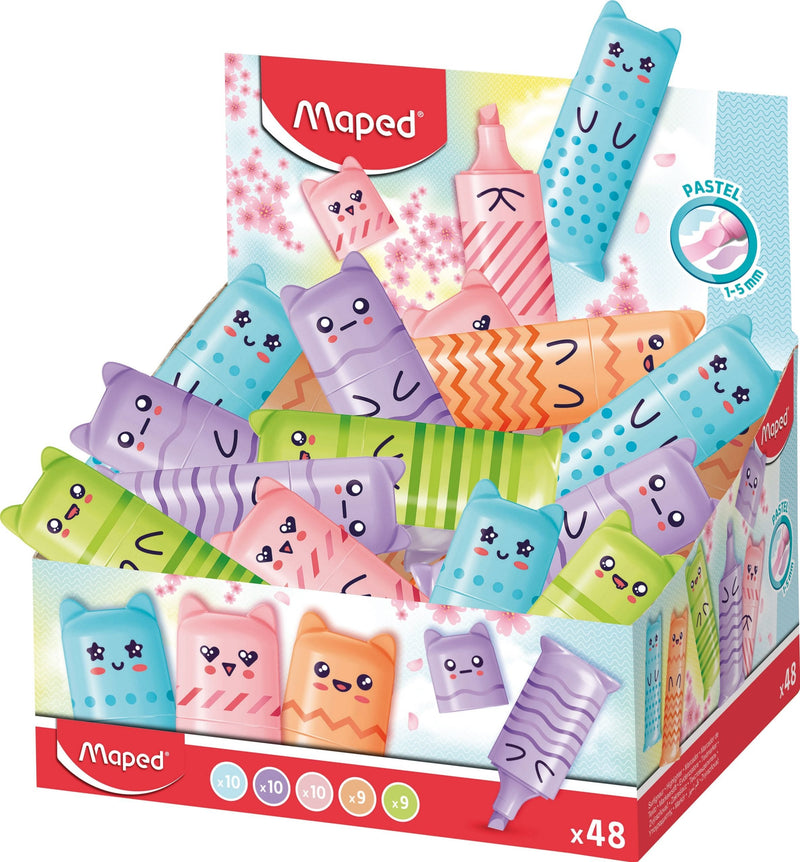 Maped Kawaii Expositor With 48 Mini Marcadores Fluorescentes Pastel - Divertidos Diseños Kawaii - Trazo 1A 5MM