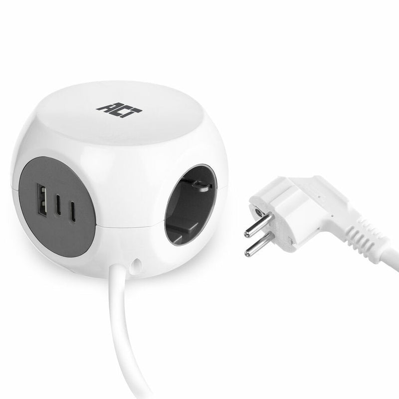 Power Strip Cube With 3 Type F Sockets, 30W Power Delivery USB-C a Ports, Cable Length 1.5M